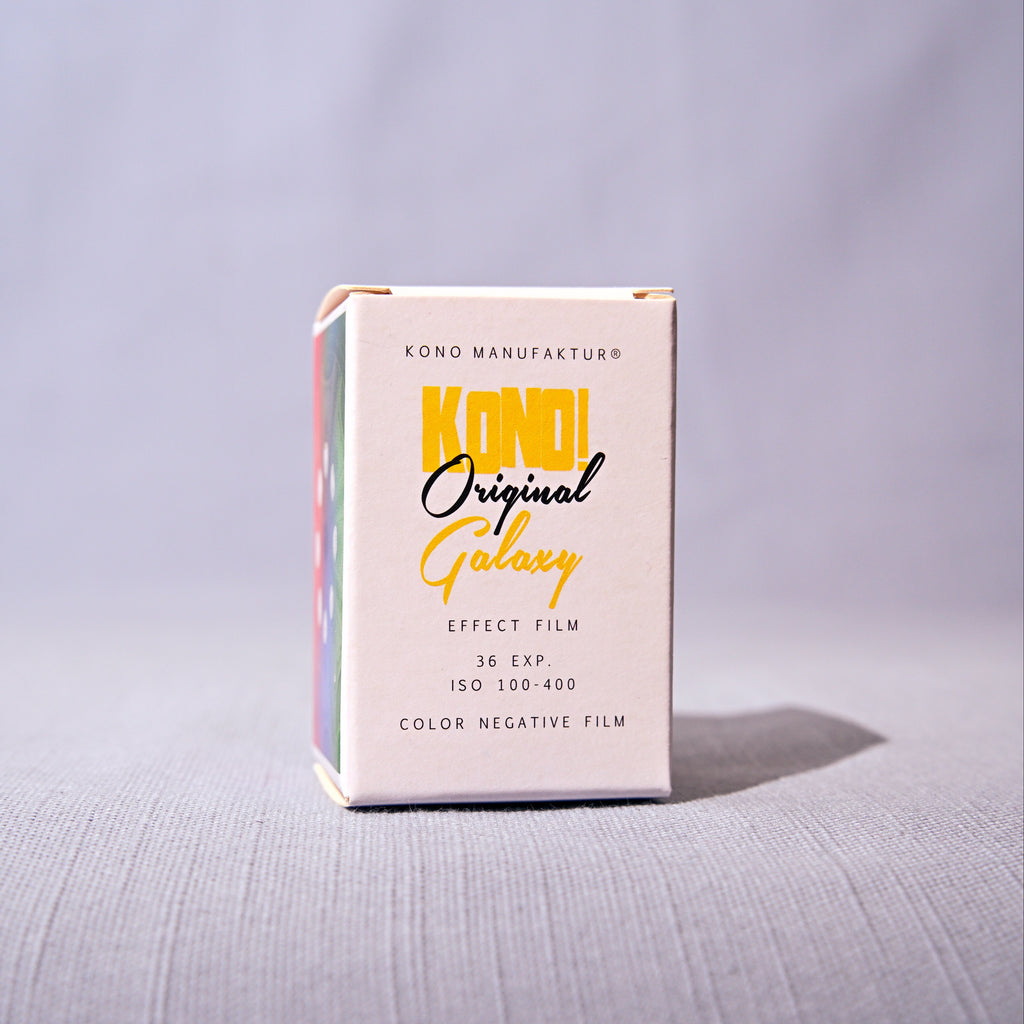 Kono! Original Galaxy film box on a textured gray surface