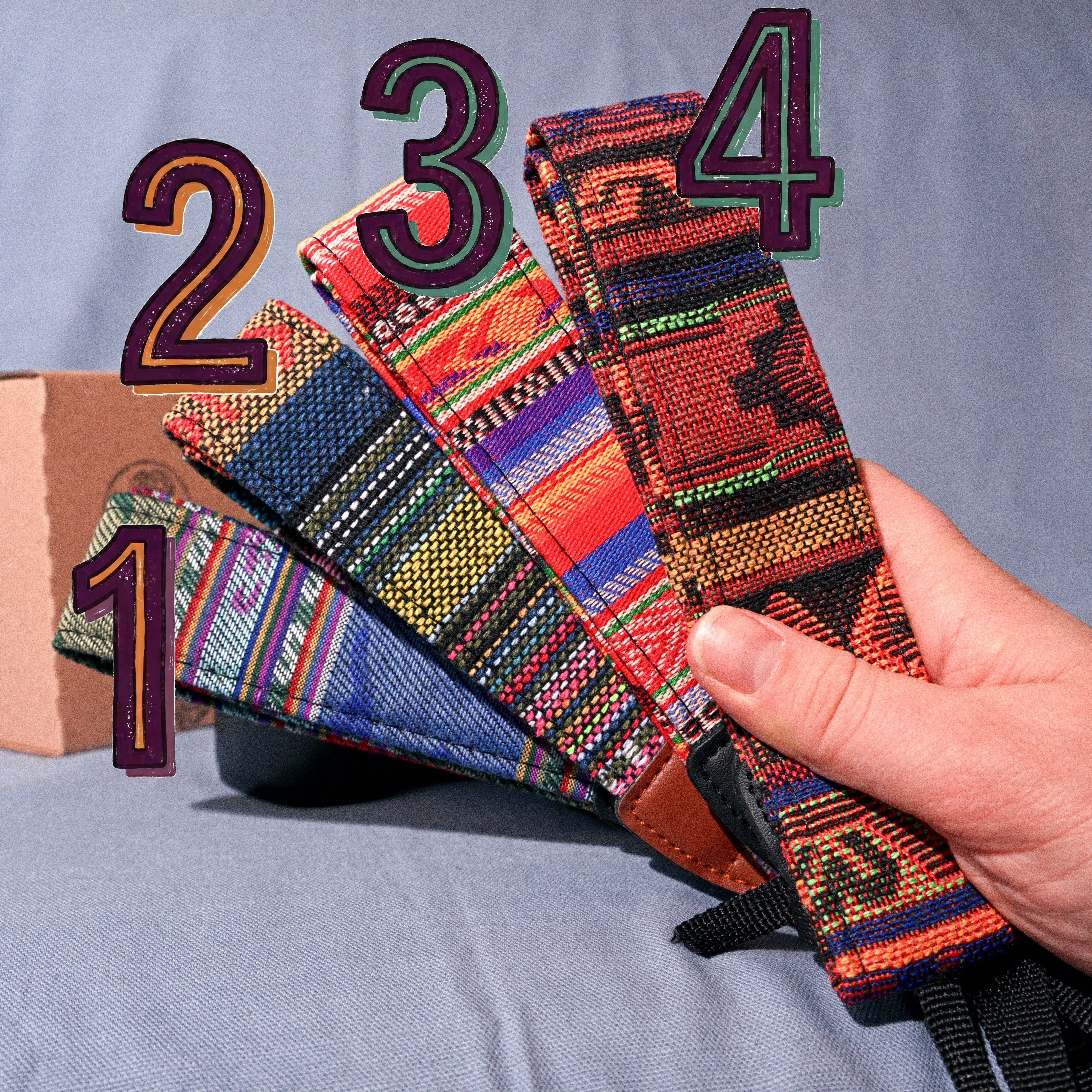 Colorful woven straps with numbers on a gray background